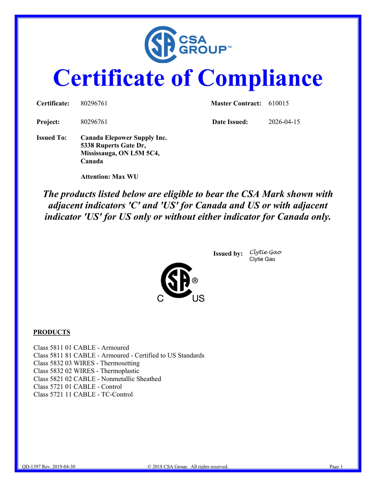 CSA Certificate 80296761 — Canada and U.S. certification issued to Canada Elepower Supply Inc.